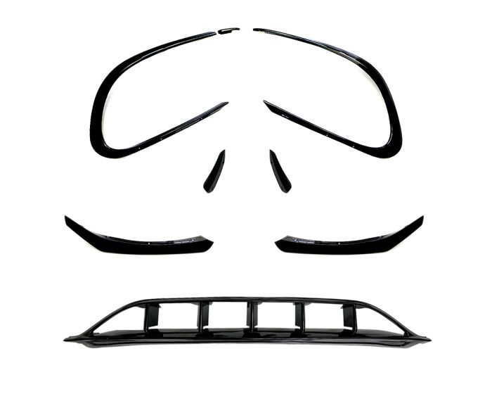 Mercedes C117 X117 etulippa AMG Look Facelift 2016– musta – 8-osainen front spoiler. - Mercedes C117 X117 Frontlippe AMG Optik Facelift 2016– Schwarz – 8-teiliger Frontspoiler.- Mercedes C117 X117 Front Spoiler AMG Look Facelift 2016– Black – 8-piece front spoiler kit.