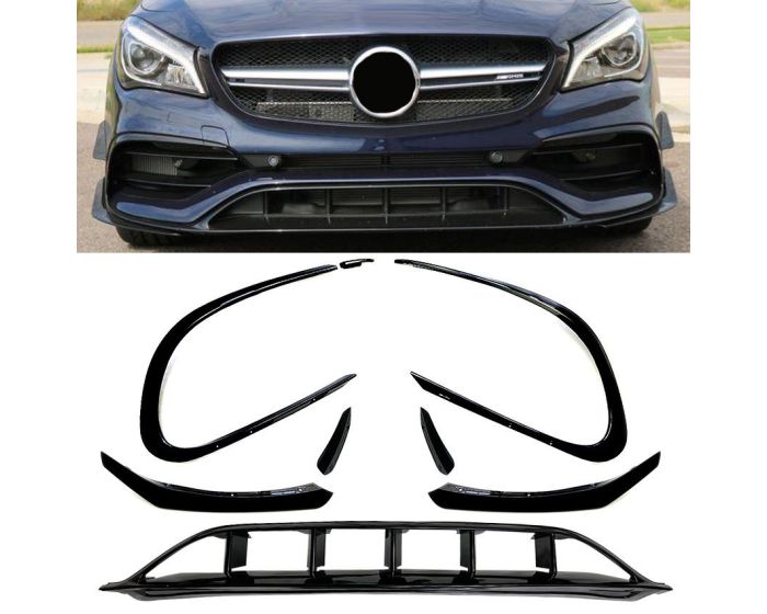 Mercedes C117 X117 etulippa AMG Look Facelift 2016– musta – 8-osainen front spoiler. - Mercedes C117 X117 Frontlippe AMG Optik Facelift 2016– Schwarz – 8-teiliger Frontspoiler.- Mercedes C117 X117 Front Spoiler AMG Look Facelift 2016– Black – 8-piece front spoiler kit.
