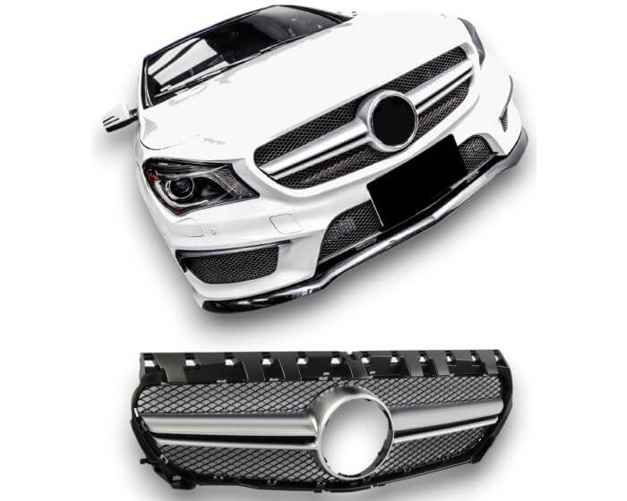 Mercedes Benz Front Grille CLA C117 – Stylish GT front grille in Black and Matte Silver | Mercedes Benz Etumaski CLA C117 | Mercedes Benz Kühlergrill CLA C117