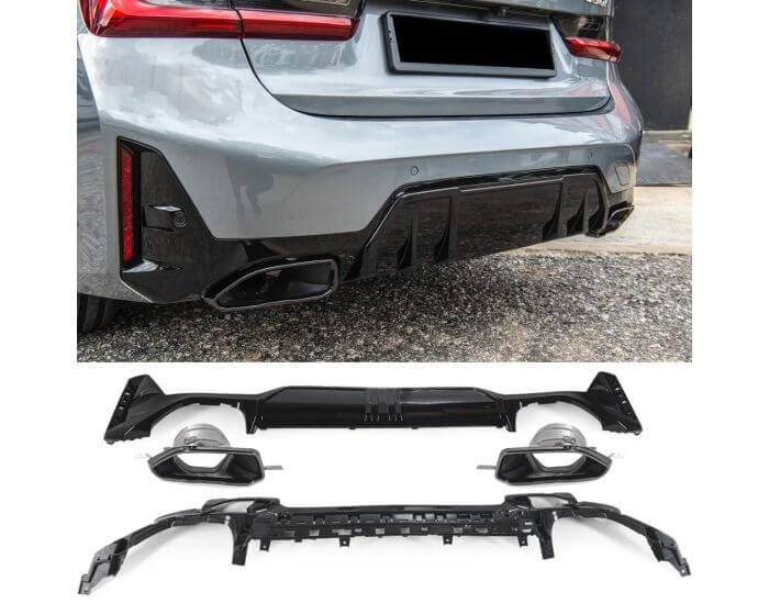 BMW G20 G21 Diffuusori – Takadiffuusori 2022– LCI + Kromi putkenpää – Kiiltävän musta. - BMW G20 G21 Diffuser 2022– LCI with Exhaust Tip – Gloss black. - BMW G20 G21 Diffusor – Heckdiffusor 2022– LCI + Chrom-Endrohr